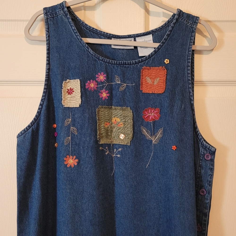 Vingtage Erika&Co Maxi Denim Dress Large Floral Embroidered Patchwork Blue - Picture 3 of 7